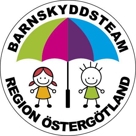 Tecknad bild av två barn under ett färgglatt paraply med texten "Barnskyddsteam Region Östergötland"